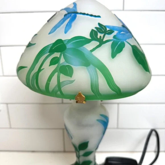 Table Lamp Mushroom‎ Frosted Glass Dragonfly Floral Art Deco VTG Galle Style 16" - Picture 3 of 6